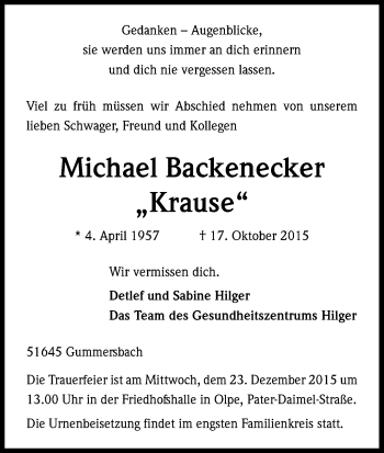 Anzeige von Michael Backenecker von Kölner Stadt-Anzeiger / Kölnische Rundschau / Express