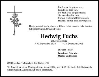 Anzeige von Hedwig Fuchs von Kölner Stadt-Anzeiger / Kölnische Rundschau / Express