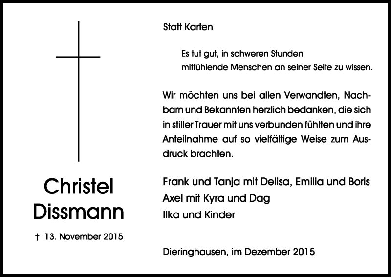  Traueranzeige für Christel Dissmann vom 23.12.2015 aus Kölner Stadt-Anzeiger / Kölnische Rundschau / Express