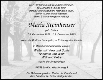 Anzeige von Maria Steinheuser von Kölner Stadt-Anzeiger / Kölnische Rundschau / Express