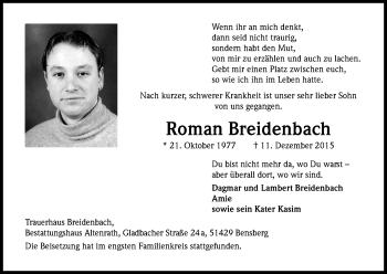 Anzeige von Roman Breidenbach von Kölner Stadt-Anzeiger / Kölnische Rundschau / Express
