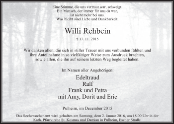 Anzeige von Willi Rehbein von  Wochenende 