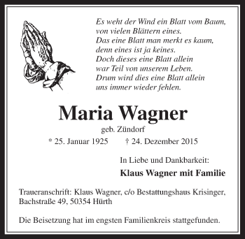 Anzeige von Maria Wagner von  Wochenende 
