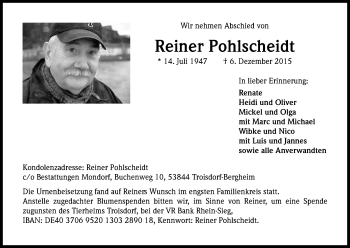 Anzeige von Reiner Pohlscheidt von Kölner Stadt-Anzeiger / Kölnische Rundschau / Express