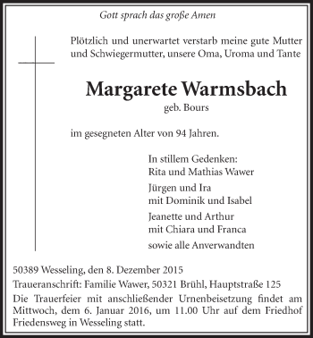 Anzeige von Margarete Warmsbach von  Schlossbote/Werbekurier 
