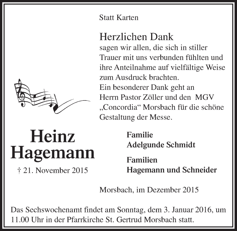  Traueranzeige für Heinz Hagemann vom 23.12.2015 aus  Lokalanzeiger 