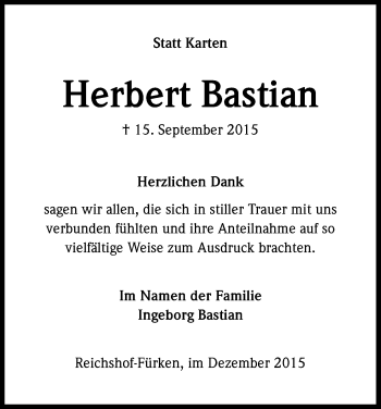 Anzeige von Herbert Bastian von Kölner Stadt-Anzeiger / Kölnische Rundschau / Express