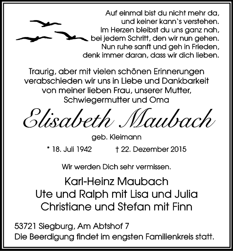  Traueranzeige für Elisabeth Maubach vom 28.12.2015 aus Kölner Stadt-Anzeiger / Kölnische Rundschau / Express