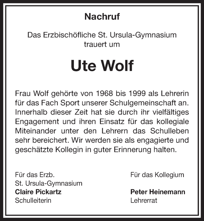  Traueranzeige für Ute Wolf vom 23.12.2015 aus  Schlossbote/Werbekurier 