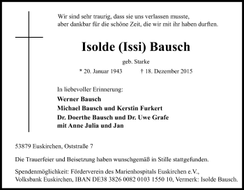 Anzeige von Isolde Bausch von Kölner Stadt-Anzeiger / Kölnische Rundschau / Express