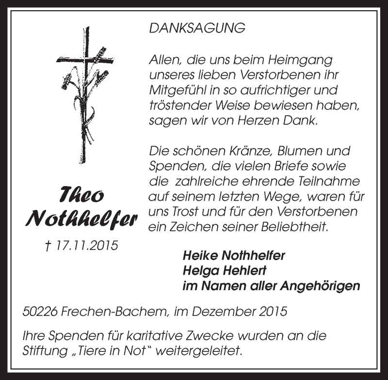  Traueranzeige für Theo Nothhelfer vom 30.12.2015 aus  Wochenende 