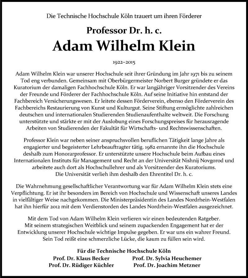  Traueranzeige für Adam Wilhelm Klein vom 19.12.2015 aus Kölner Stadt-Anzeiger / Kölnische Rundschau / Express