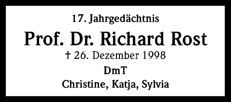  Traueranzeige für Richard Rost vom 24.12.2015 aus Kölner Stadt-Anzeiger / Kölnische Rundschau / Express