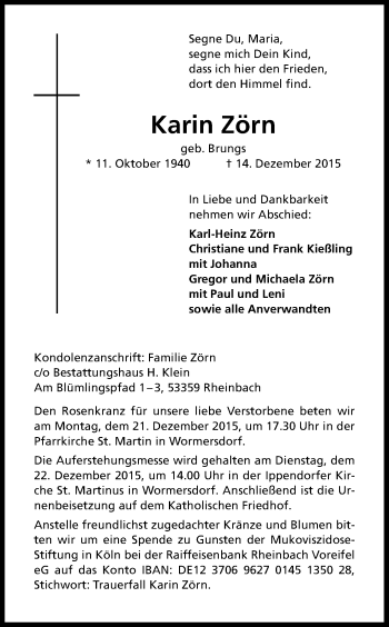 Anzeige von Karin Zörn von Kölner Stadt-Anzeiger / Kölnische Rundschau / Express