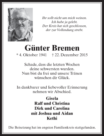 Anzeige von Günter Bremen von  Werbepost 