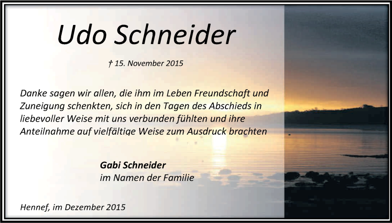  Traueranzeige für Udo Schneider vom 31.12.2015 aus Kölner Stadt-Anzeiger / Kölnische Rundschau / Express