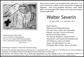 Anzeige von Walter Severin von Kölner Stadt-Anzeiger / Kölnische Rundschau / Express
