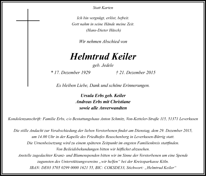  Traueranzeige für Helmtrud Keiler vom 24.12.2015 aus Kölner Stadt-Anzeiger / Kölnische Rundschau / Express