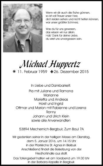 Anzeige von Michael Huppertz von Kölner Stadt-Anzeiger / Kölnische Rundschau / Express