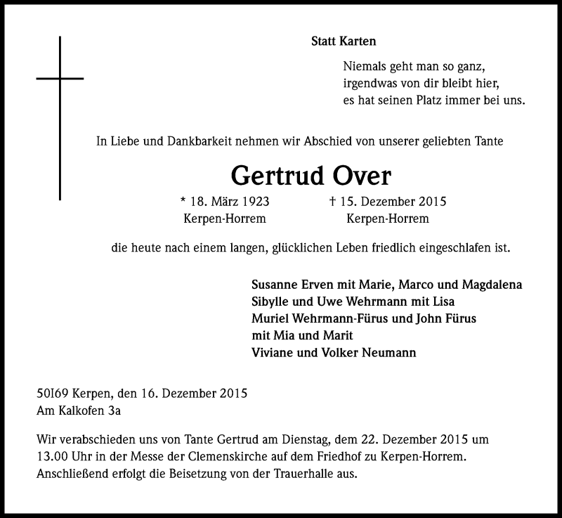  Traueranzeige für Gertrud Over vom 19.12.2015 aus Kölner Stadt-Anzeiger / Kölnische Rundschau / Express