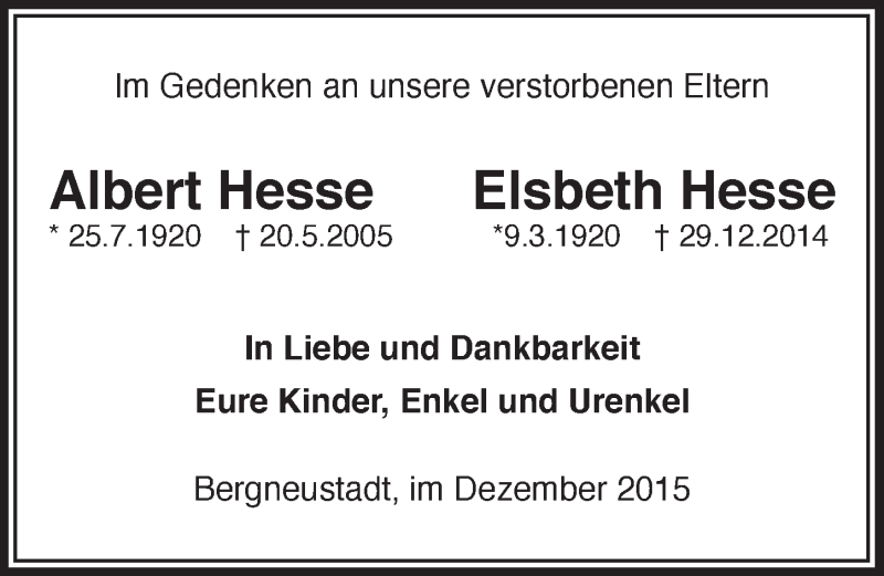  Traueranzeige für Elsbeth Hesse vom 30.12.2015 aus  Anzeigen Echo 