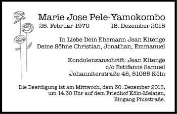 Anzeige von Marie Jose Pele-Yamokombo von Kölner Stadt-Anzeiger / Kölnische Rundschau / Express
