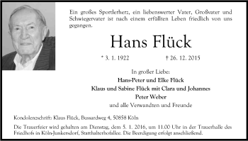 Anzeige von Hans Flück von Kölner Stadt-Anzeiger / Kölnische Rundschau / Express