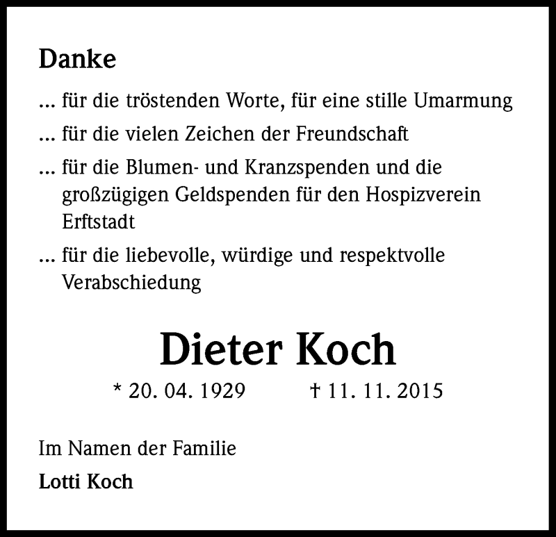  Traueranzeige für Dieter Koch vom 19.12.2015 aus Kölner Stadt-Anzeiger / Kölnische Rundschau / Express
