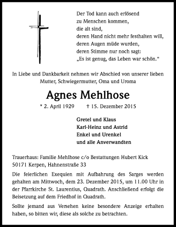 Anzeige von Agnes Mehlhose von Kölner Stadt-Anzeiger / Kölnische Rundschau / Express