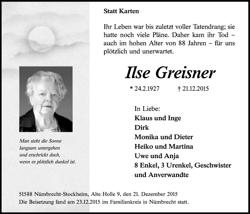  Traueranzeige für Ilse Greisner vom 30.12.2015 aus  Anzeigen Echo  Lokalanzeiger 