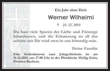 Anzeige von Werner Wilhelmi von  Wochenende 