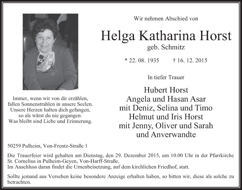  Traueranzeige für Helga Katharina Horst vom 23.12.2015 aus  Wochenende 
