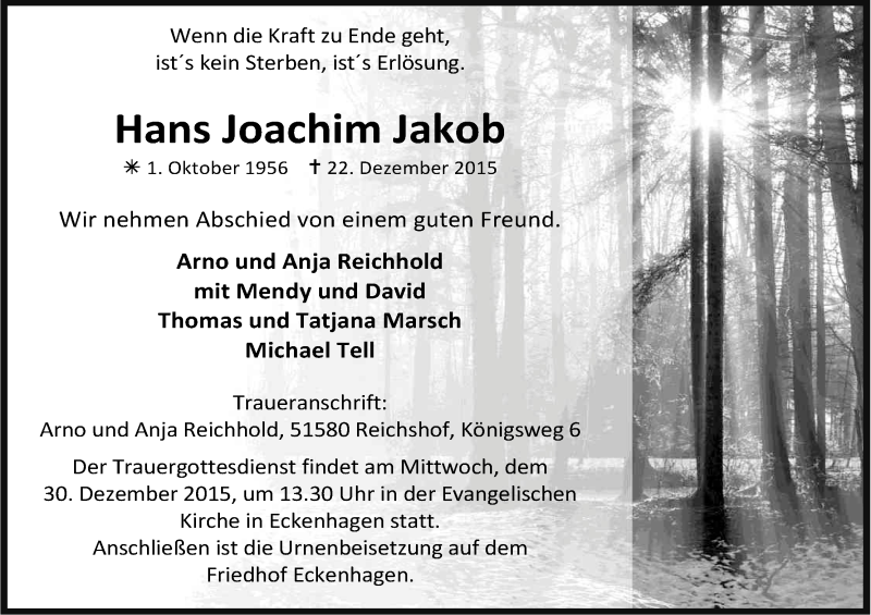  Traueranzeige für Hans Joachim Jakob vom 24.12.2015 aus Kölner Stadt-Anzeiger / Kölnische Rundschau / Express