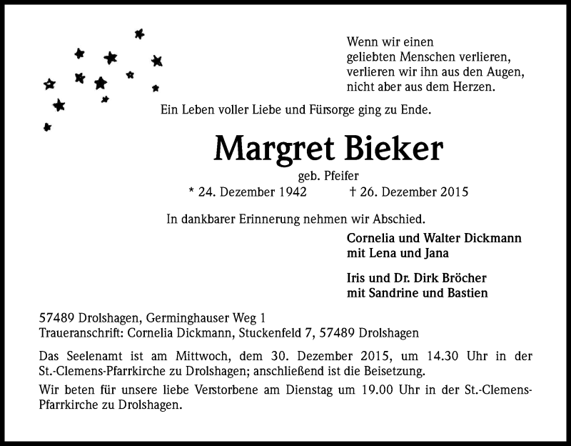  Traueranzeige für Margret Bieker vom 29.12.2015 aus Kölner Stadt-Anzeiger / Kölnische Rundschau / Express