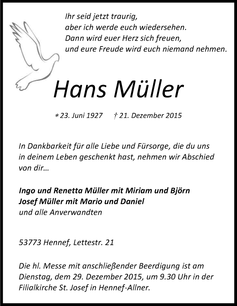  Traueranzeige für Hans Müller vom 24.12.2015 aus Kölner Stadt-Anzeiger / Kölnische Rundschau / Express