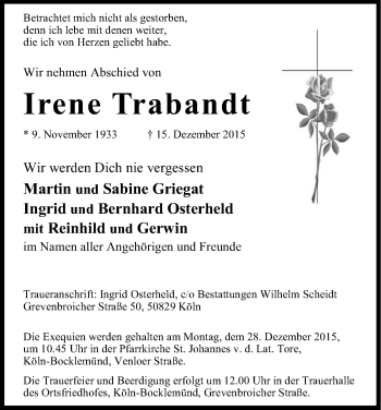 Anzeige von Irene Trabandt von Kölner Stadt-Anzeiger / Kölnische Rundschau / Express