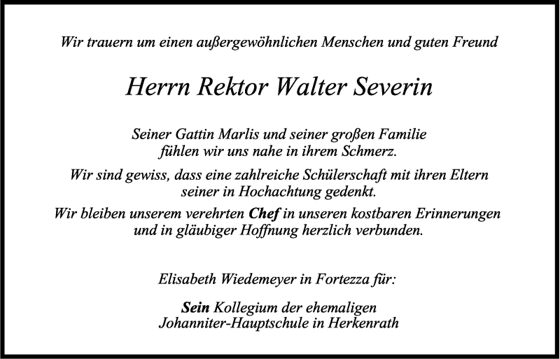  Traueranzeige für Walter Severin vom 23.12.2015 aus Kölner Stadt-Anzeiger / Kölnische Rundschau / Express