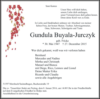 Anzeige von Gundula Buyala-Jurczyk von Kölner Stadt-Anzeiger / Kölnische Rundschau / Express