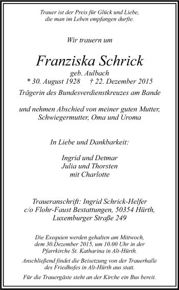 Anzeige von Franziska Schrick von Kölner Stadt-Anzeiger / Kölnische Rundschau / Express