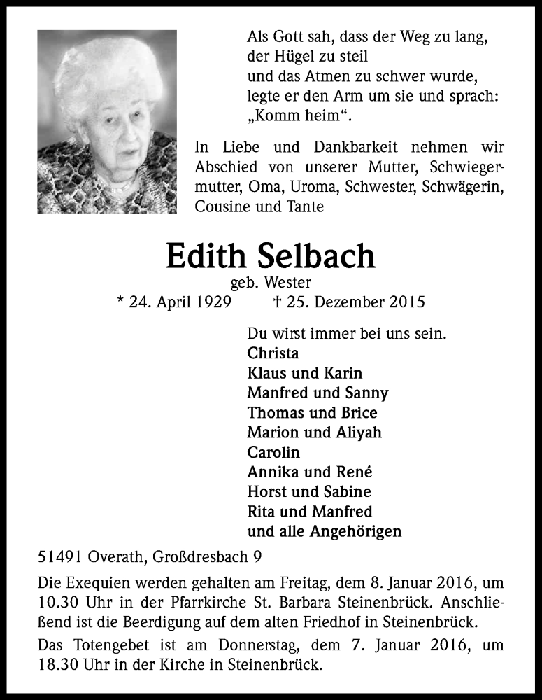  Traueranzeige für Edith Selbach vom 31.12.2015 aus Kölner Stadt-Anzeiger / Kölnische Rundschau / Express