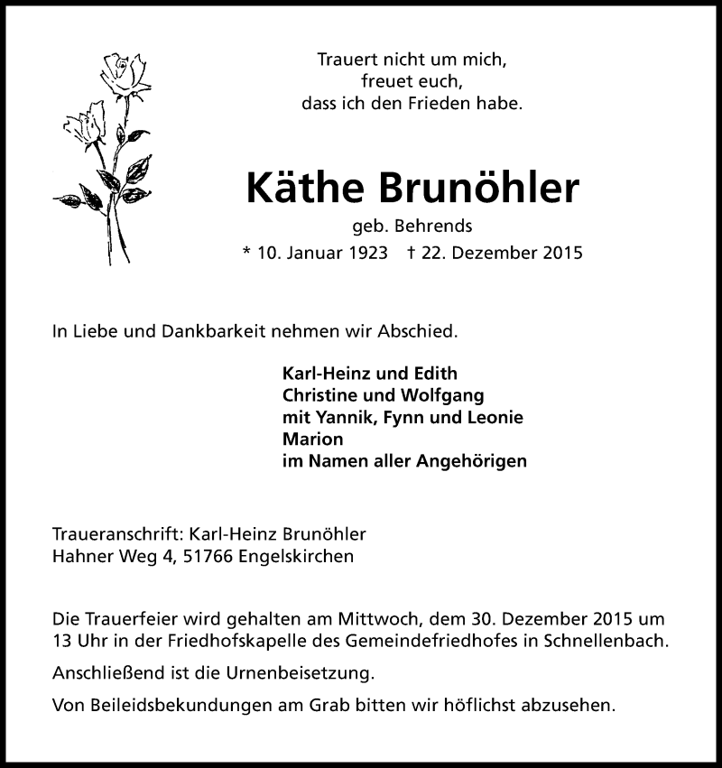  Traueranzeige für Käthe Brunöhler vom 24.12.2015 aus Kölner Stadt-Anzeiger / Kölnische Rundschau / Express