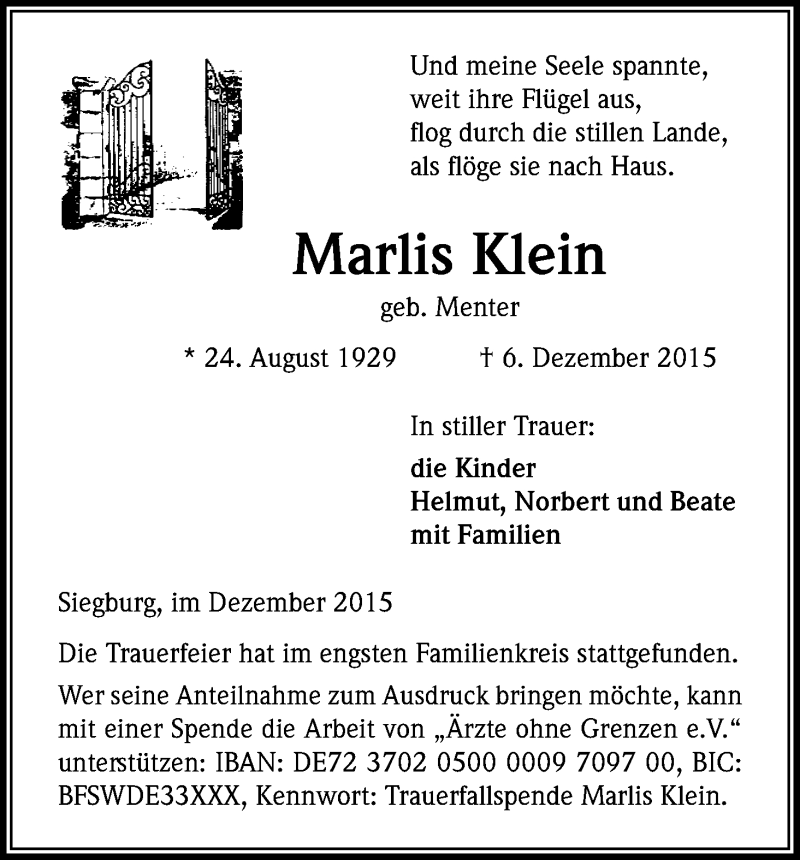  Traueranzeige für Marlis Klein vom 19.12.2015 aus Kölner Stadt-Anzeiger / Kölnische Rundschau / Express