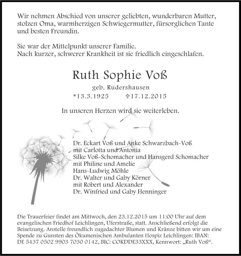  Traueranzeige für Ruth Sophie Voß vom 19.12.2015 aus Kölner Stadt-Anzeiger / Kölnische Rundschau / Express