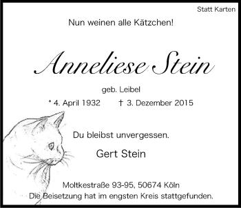Anzeige von Anneliese Stein von Kölner Stadt-Anzeiger / Kölnische Rundschau / Express
