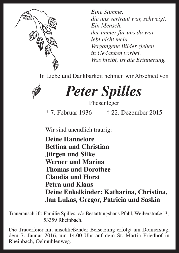  Traueranzeige für Peter Spilles vom 30.12.2015 aus  Schaufenster/Blickpunkt 