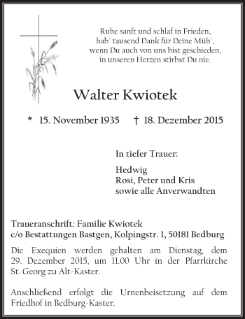 Anzeige von Walter Kwiotek von  Sonntags-Post 