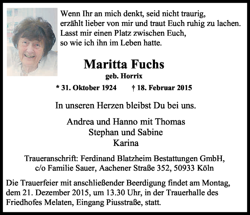  Traueranzeige für Maritta Fuchs vom 19.12.2015 aus Kölner Stadt-Anzeiger / Kölnische Rundschau / Express