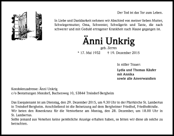 Anzeige von Änni Unkrig von Kölner Stadt-Anzeiger / Kölnische Rundschau / Express
