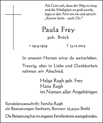 Anzeige von Paula Frey von  Schlossbote/Werbekurier 