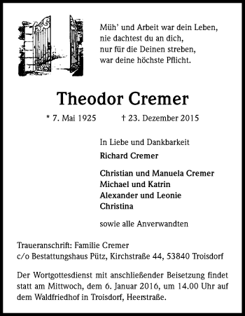 Anzeige von Theodor Cremer von Kölner Stadt-Anzeiger / Kölnische Rundschau / Express